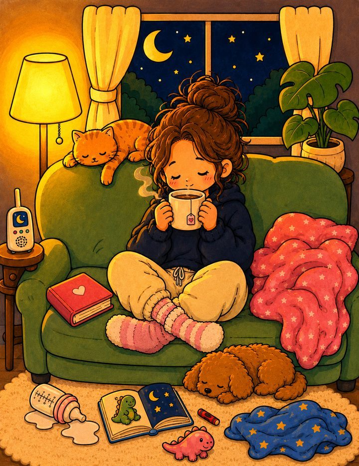 Cosy mum coloring page, colored in warm tones