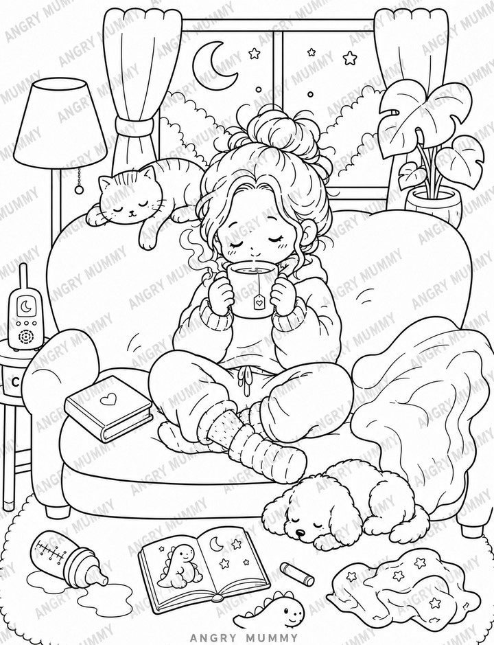 Cosy mum coloring page, line art ready to color